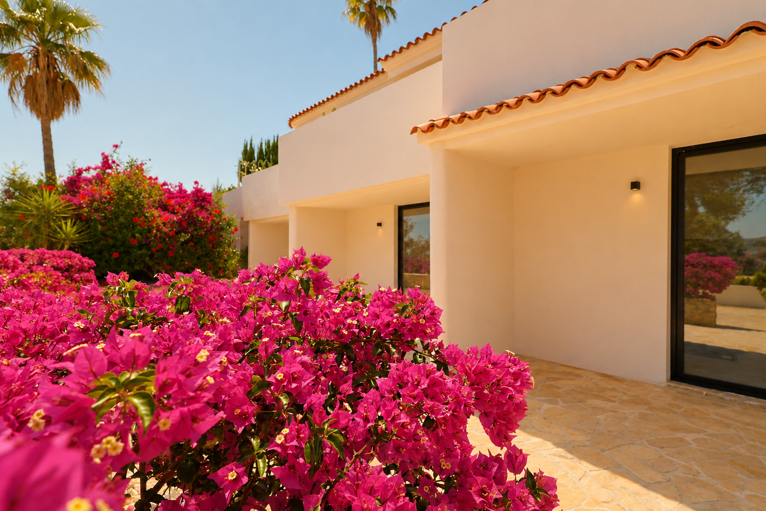 Primer plano de exuberantes buganvillas fucsias que realzan la fachada mediterránea en tonos claros, con tejas de barro y un sendero de piedra irregular. Las ventanas oscuras reflejan el entorno soleado.