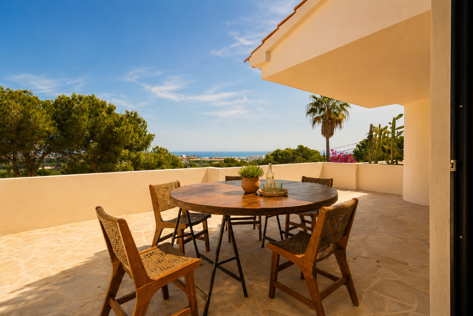 Terraza exterior con mesa redonda de madera y sillas de mimbre sobre suelo de losas, ofreciendo vistas panorámicas al mar y la costa.