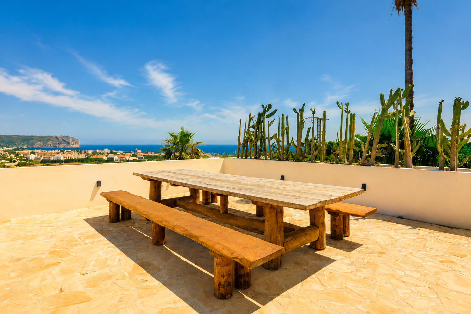 Terraza exterior con mesa y bancos de madera rústica, suelo de piedra clara y vistas panorámicas al mar y la ciudad, enmarcada por cactus.