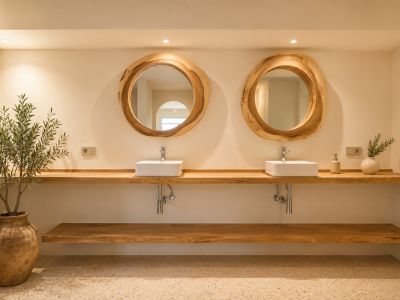 Doble lavabo con espejos de madera orgánica y encimera flotante de madera clara. El diseño se complementa con un olivo en maceta y suelo de terrazo.