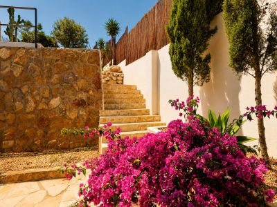 Escalones de piedra ascienden entre un muro de piedra natural rústica y una pared de estuco blanco, bordeados por una buganvilla vibrante y esbeltos cipreses.