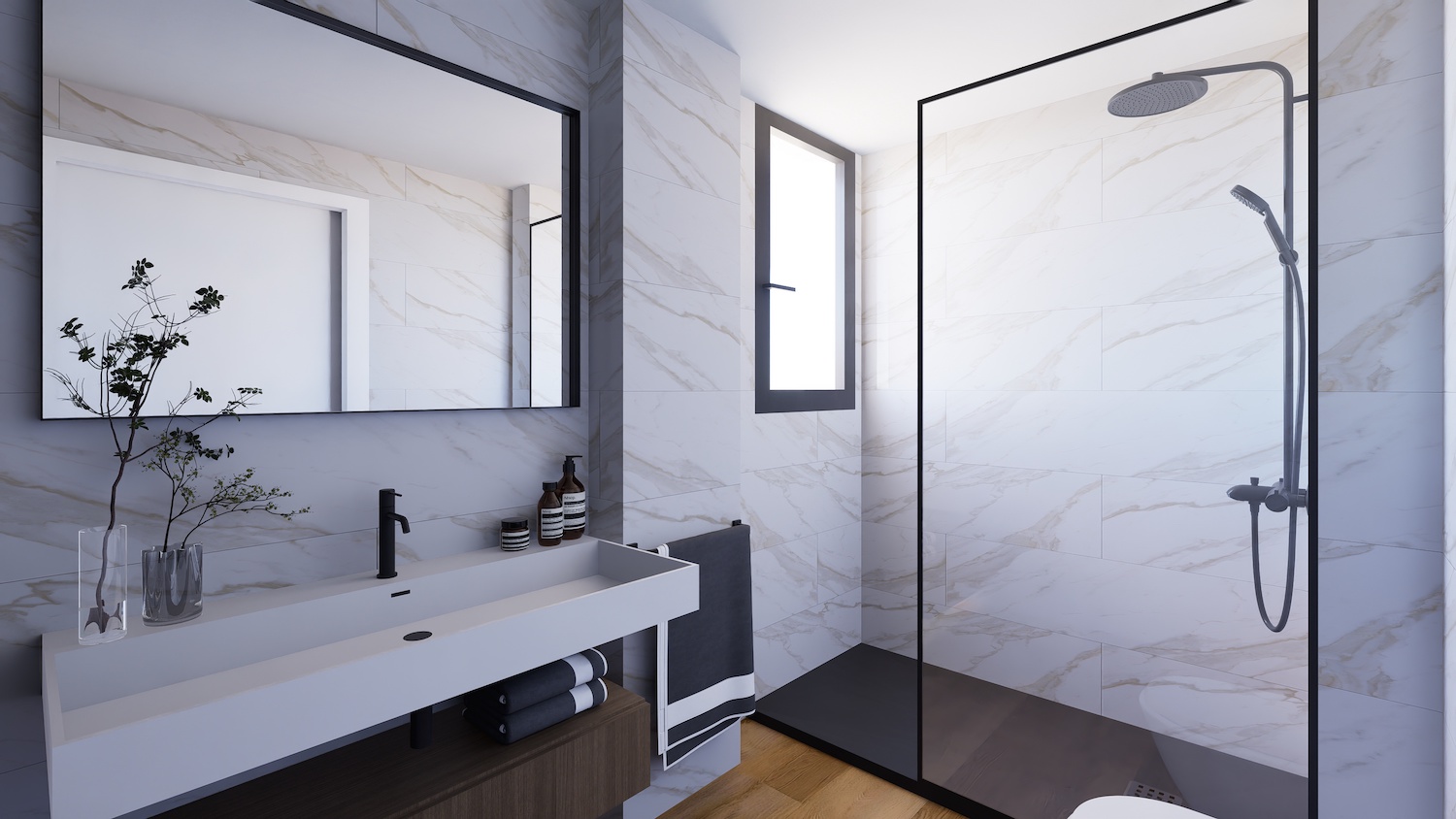 Baño moderno con elegantes azulejos efecto mármol, un mueble de lavabo flotante de madera oscura y un lavabo blanco integrado. Ducha a ras de suelo con mampara y grifería negra, iluminado por una ventana vertical.