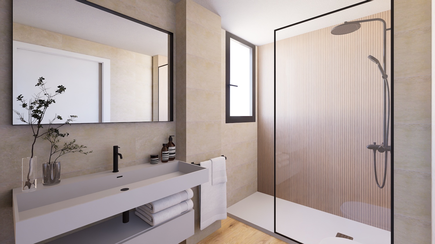 Baño moderno con lavabo rectangular y grifo negro, un gran espejo y ducha a ras de suelo con paneles acanalados y rociador. La luz natural entra por una ventana vertical.