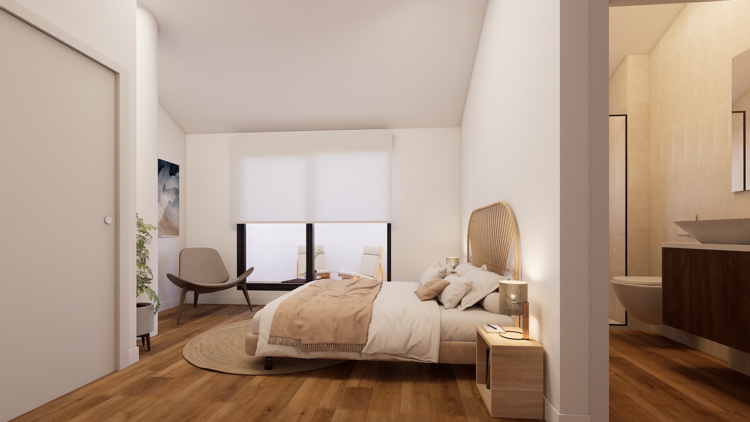 Dormitorio principal con suelo de madera cálida, cabecero de ratán y acceso a una terraza privada. El baño en-suite con lavabo flotante es parcialmente visible.