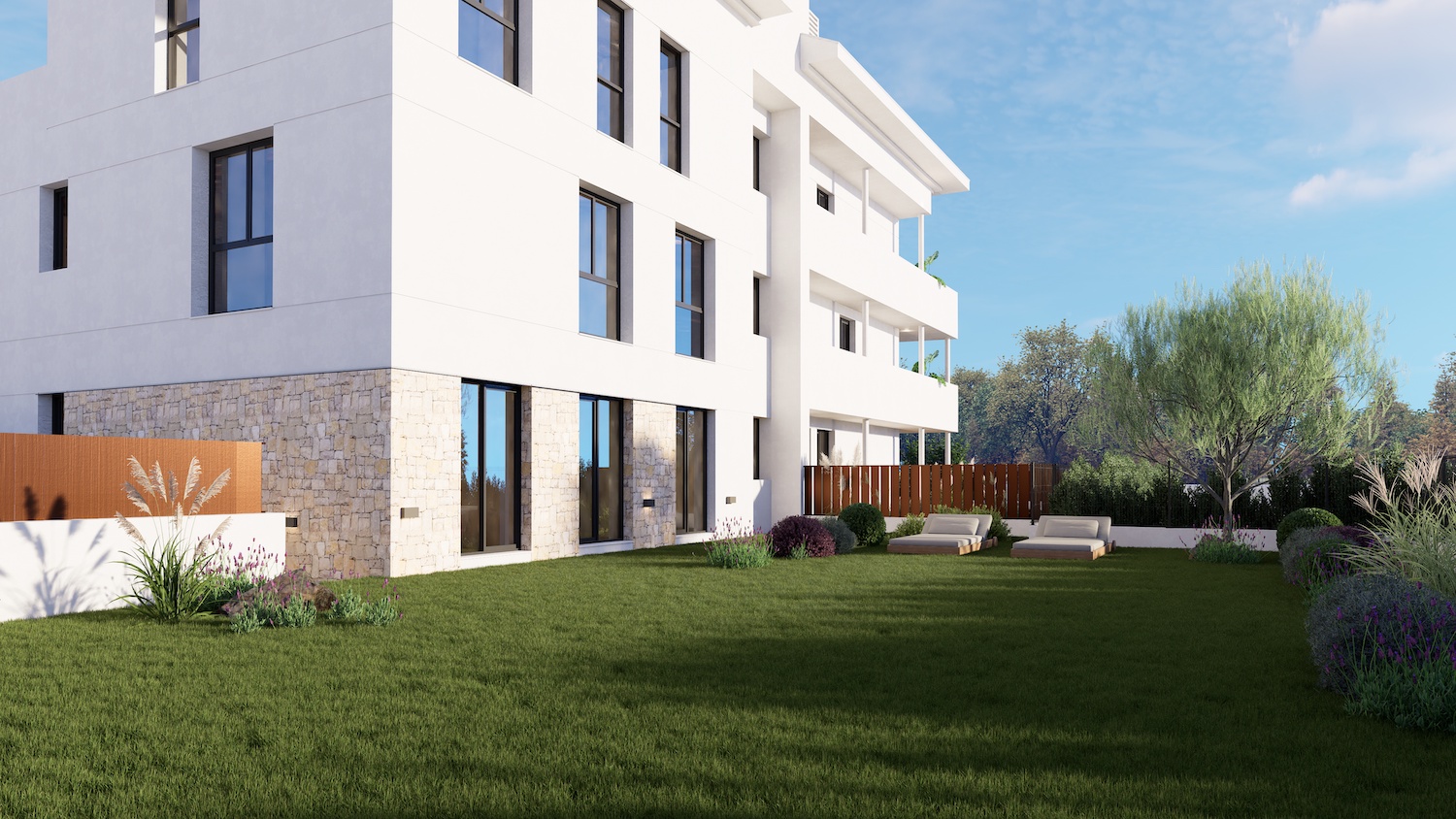 Edificio de apartamentos moderno con base de piedra y amplios ventanales que dan a un extenso césped. Jardín mediterráneo con lavanda y tumbonas para una zona exterior tranquila.