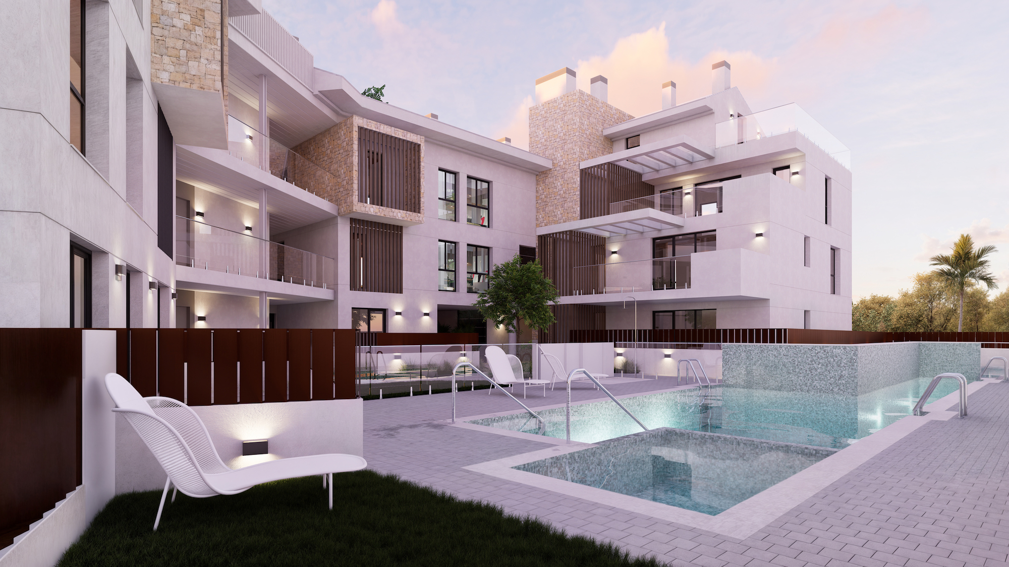 Exterior de complejo de apartamentos moderno con piscina comunitaria de mosaico e iluminación integrada. La fachada contemporánea combina blanco, piedra natural y detalles de madera, con balcones de barandilla de cristal.