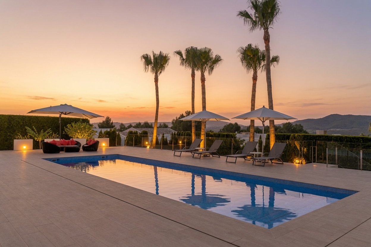 Amplia terraza de piscina exterior con elegantes tumbonas, palmeras iluminadas y zona de estar, enmarcada por un atardecer vibrante y vistas naturales abiertas.