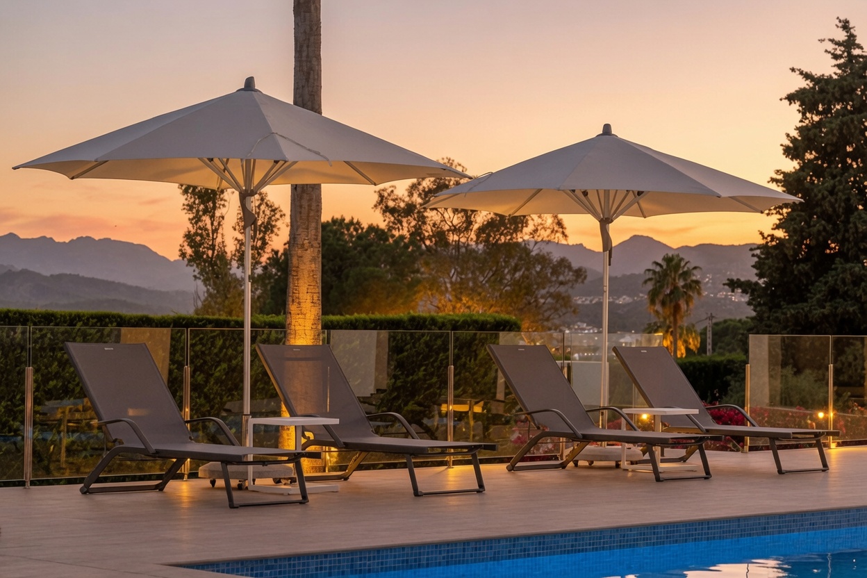 Terraza junto a la piscina con cuatro tumbonas y dos sombrillas iluminadas al atardecer, ofreciendo vistas a las montañas y un ambiente sereno.