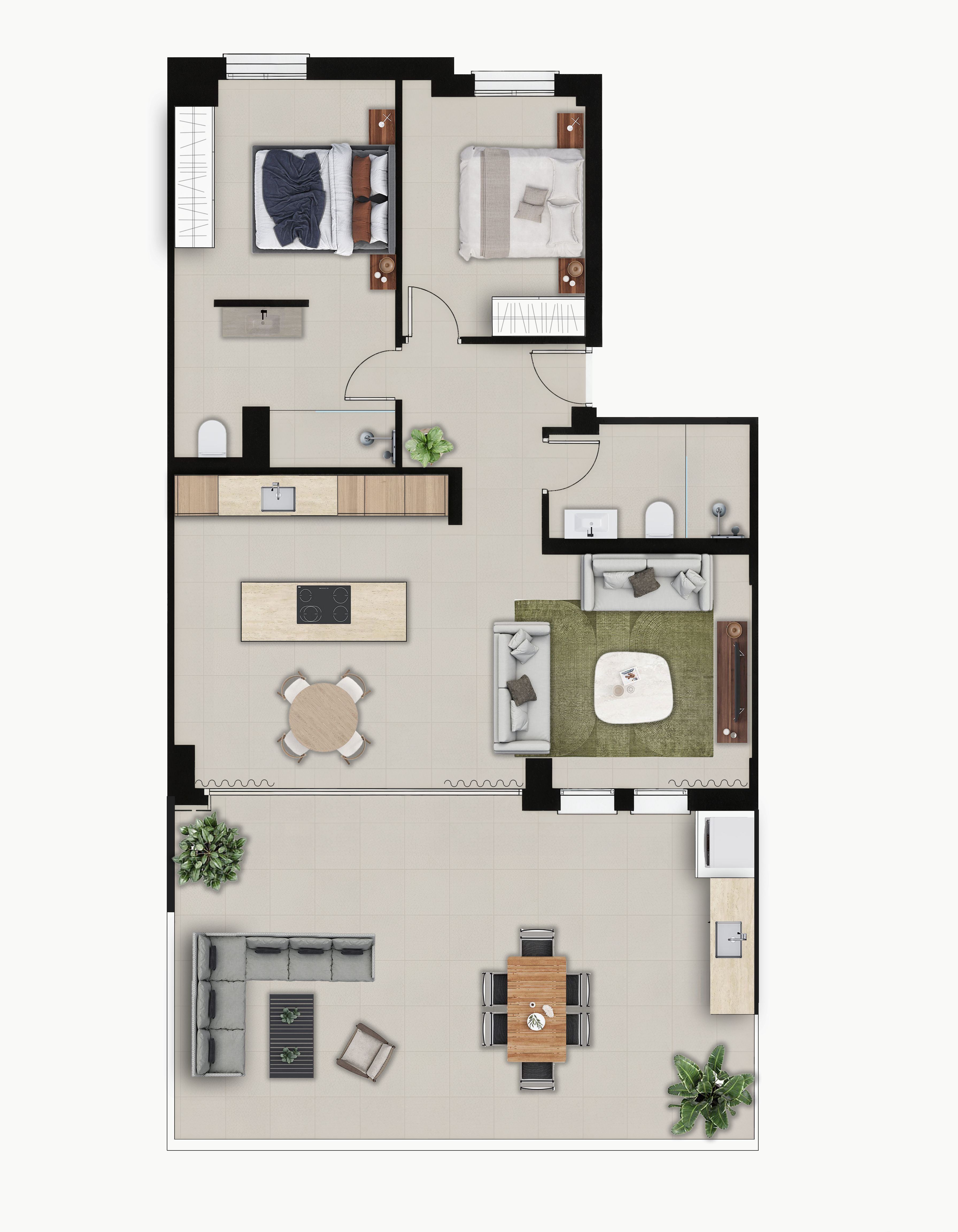 Plano detallado de una residencia moderna con dos dormitorios, dos baños, cocina de concepto abierto con isla y una amplia sala de estar que se extiende a una gran terraza exterior con comedor y zonas de relax.