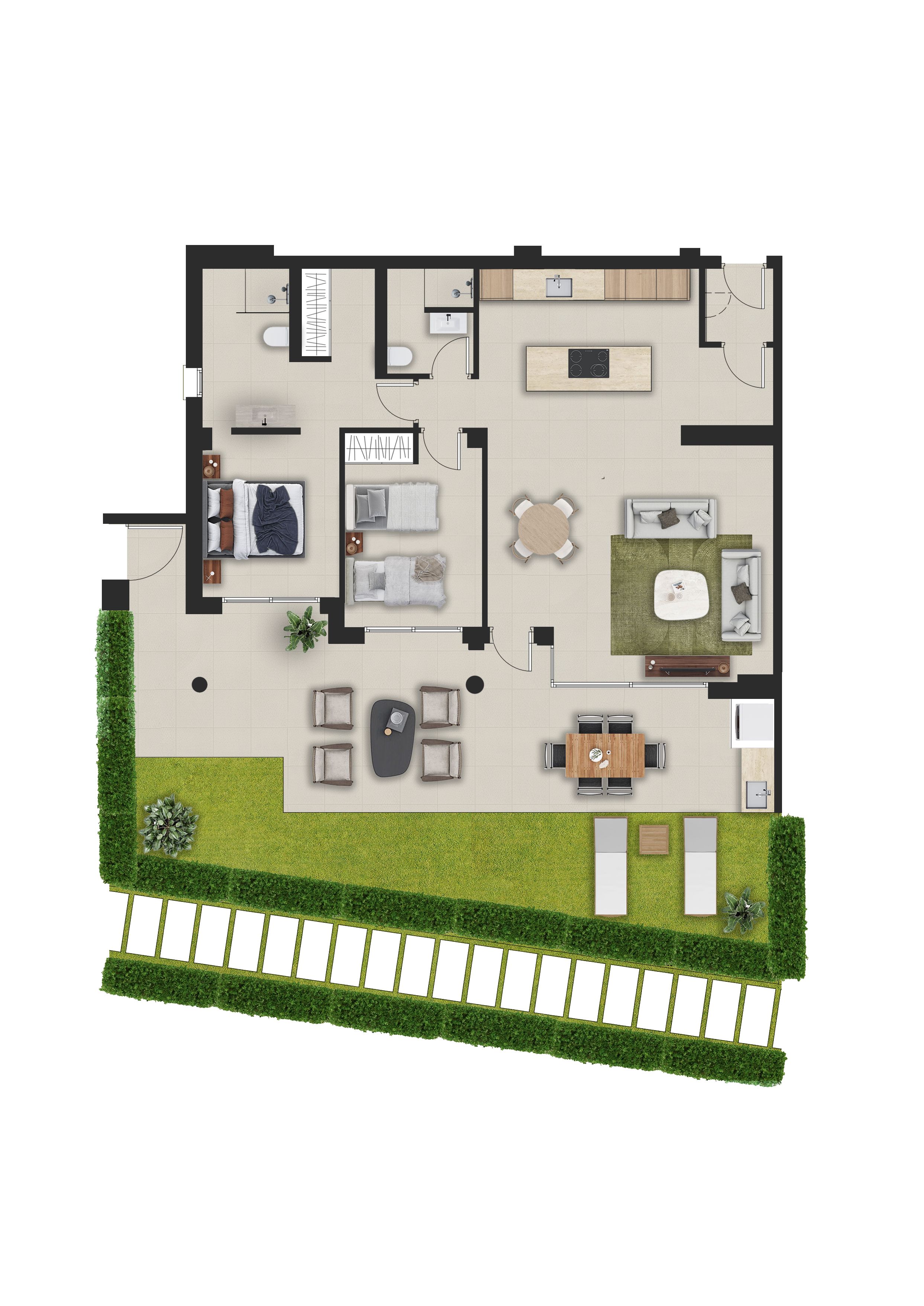 Plano detallado de una vivienda en planta baja con dos dormitorios, dos baños, salón-comedor abierto, amplia terraza embaldosada y jardín privado con césped y senderos.