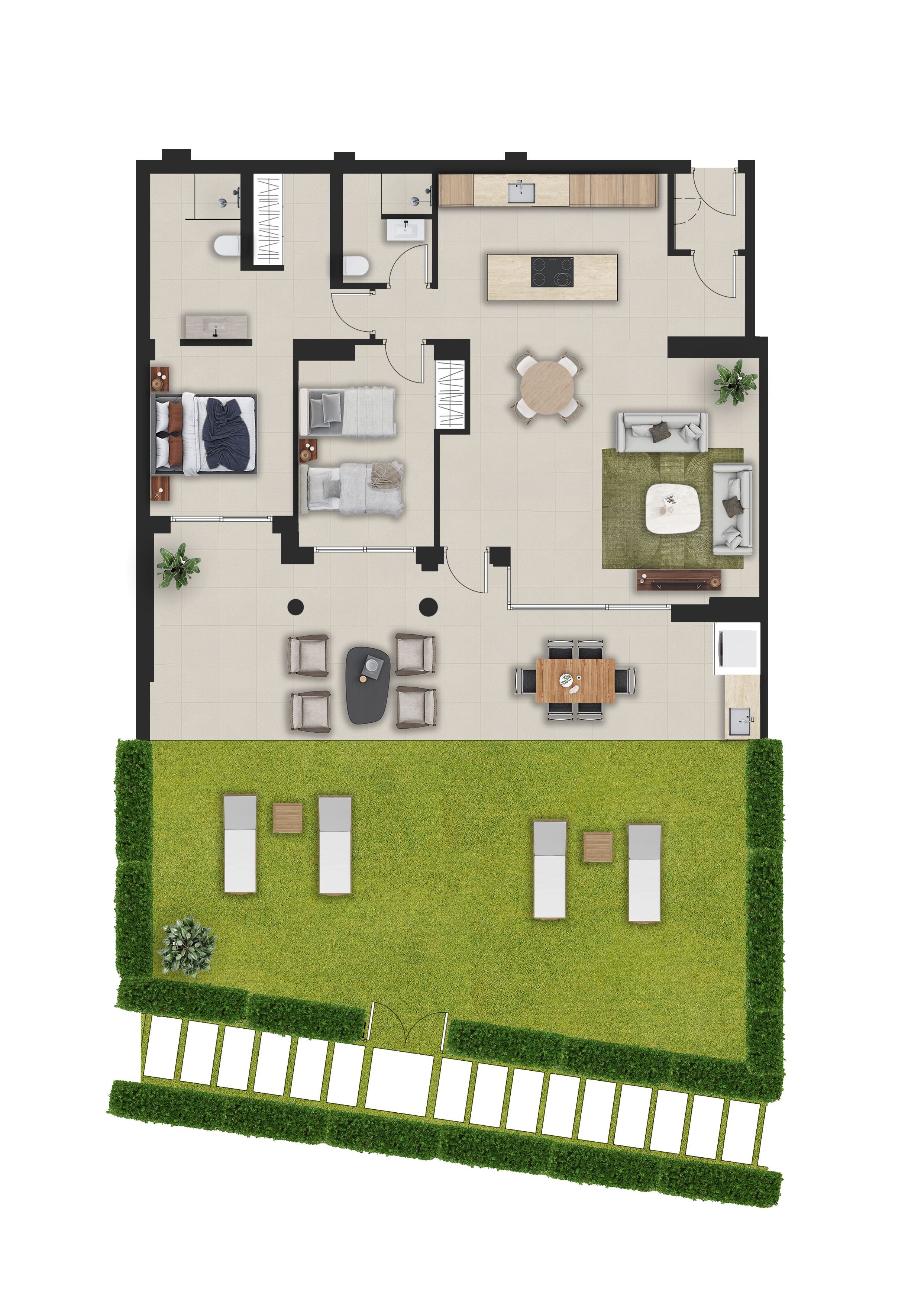 Planta baja con dos dormitorios, dos baños, cocina abierta y salón, con acceso directo a terraza cubierta y jardín privado con tumbonas.