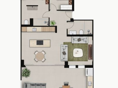 Plano detallado de una residencia moderna con dos dormitorios, dos baños, cocina de concepto abierto con isla y una amplia sala de estar que se extiende a una gran terraza exterior con comedor y zonas de relax.