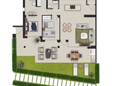 Plano detallado de una vivienda en planta baja con dos dormitorios, dos baños, salón-comedor abierto, amplia terraza embaldosada y jardín privado con césped y senderos.
