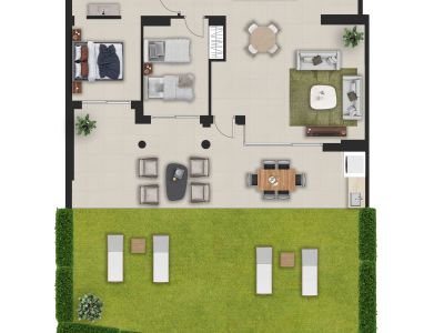 Planta baja con dos dormitorios, dos baños, cocina abierta y salón, con acceso directo a terraza cubierta y jardín privado con tumbonas.