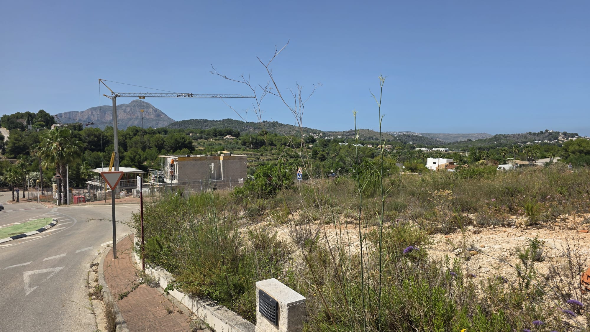 Parcela de terreno sin desarrollar con vegetación natural, un cruce de carretera asfaltado y una obra en construcción lejana con grúa. Vistas a la majestuosa montaña bajo cielo azul.