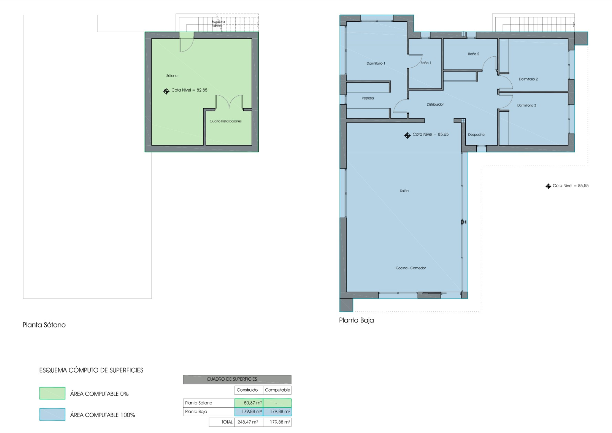 Plano arquitectónico de la villa, detallando la distribución de la planta sótano (50,37 m²) y la planta baja (179,88 m²) con 3 dormitorios, salón y cocina-comedor.