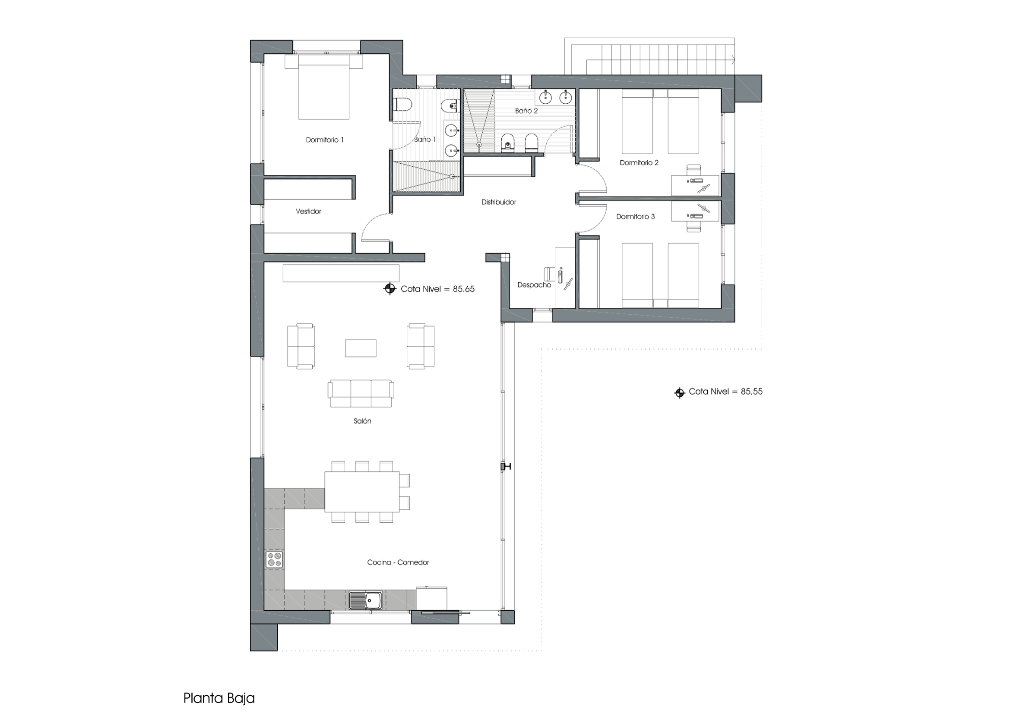 Planta baja detallada con cocina-comedor-salón de concepto abierto, suite principal con vestidor, dos dormitorios adicionales, despacho y dos baños, con acceso directo a terraza exterior.