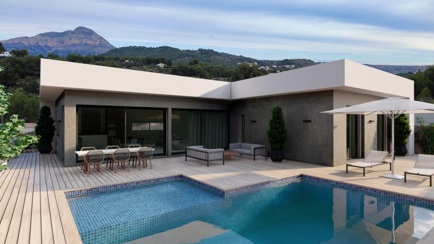 Villa moderna con revestimiento oscuro, piscina de mosaico azul y terraza de madera, complementada por mobiliario exterior y vistas a la montaña.