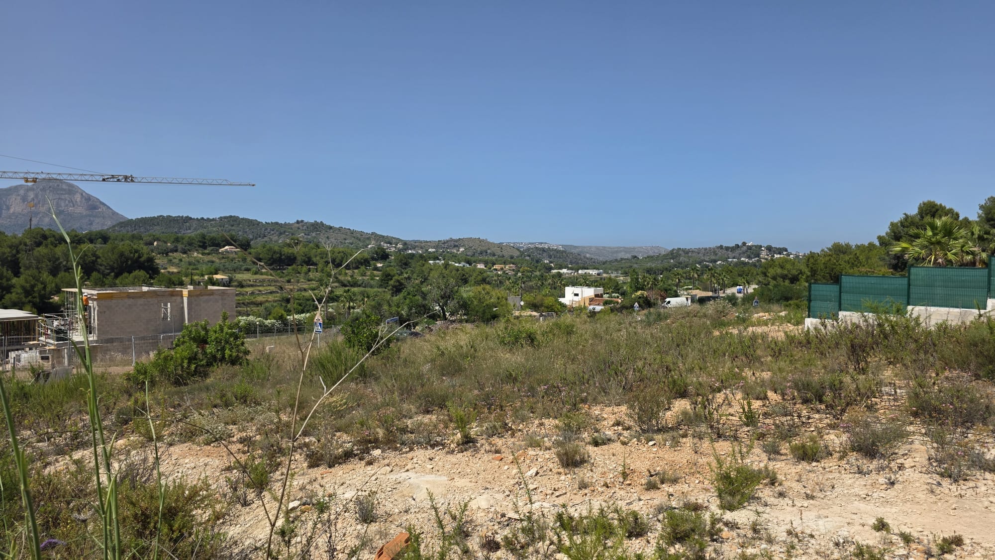 Vista de una parcela con vegetación natural y suelo árido, enmarcada por colinas verdes distantes y edificios residenciales, con una grúa de construcción visible.