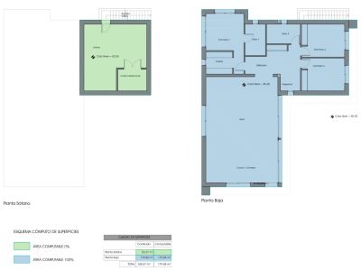 Plano arquitectónico de la villa, detallando la distribución de la planta sótano (50,37 m²) y la planta baja (179,88 m²) con 3 dormitorios, salón y cocina-comedor.