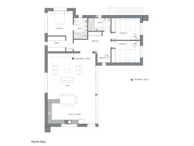 Planta baja detallada con cocina-comedor-salón de concepto abierto, suite principal con vestidor, dos dormitorios adicionales, despacho y dos baños, con acceso directo a terraza exterior.