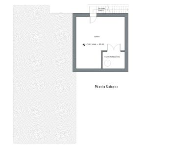 Planta de sótano detallada con área principal, cuarto de instalaciones independiente y escalera exterior de acceso. Incluye cota de nivel.