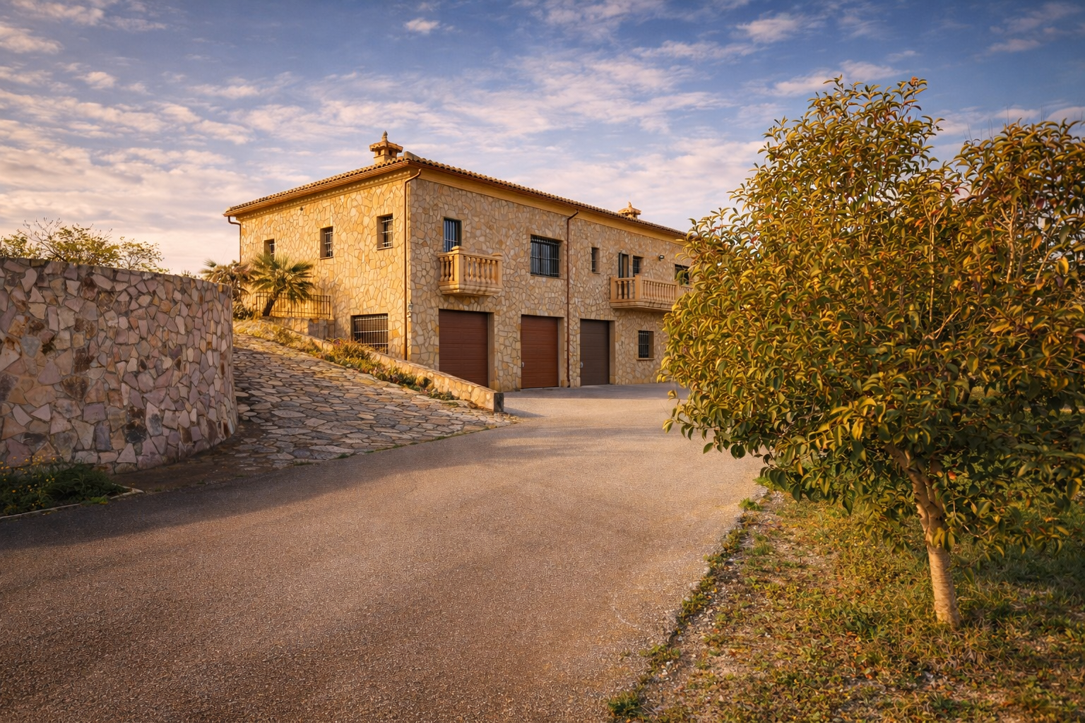 El exterior de la finca, revestido de piedra, presenta tres garajes integrados y balcones elegantes, con acceso por una calzada pavimentada y un muro de piedra curvo. El exterior de la finca, revestido de piedra, presenta tres garajes integrados y balcones elegantes, con acceso por una calzada pavimentada y un muro de piedra curvo.