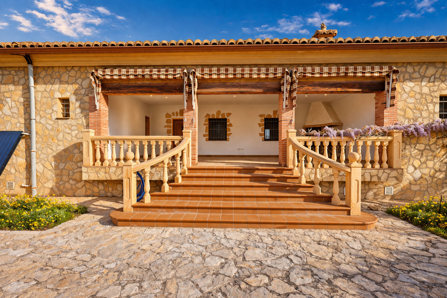 Entrada principal con amplia naya de suelo de terracota, fachada de piedra natural y escalera con balaustrada de estilo clásico. Se aprecia una chimenea y glicinia, además de un panel solar. Entrada principal con amplia naya de suelo de terracota, fachada de piedra natural y escalera con balaustrada de estilo clásico. Se aprecia una chimenea y glicinia, además de un panel solar.
