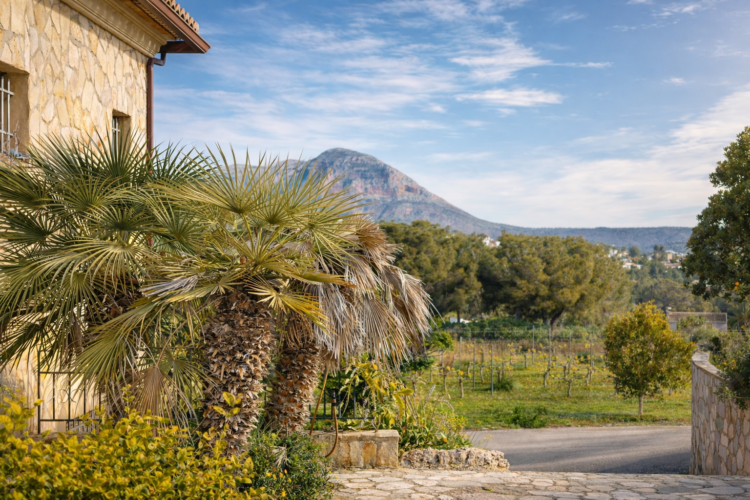 Esquina de la finca con fachada de piedra natural y palmeras, enmarcando las vistas a los viñedos del valle y al imponente Montgó bajo un cielo azul. Esquina de la finca con fachada de piedra natural y palmeras, enmarcando las vistas a los viñedos del valle y al imponente Montgó bajo un cielo azul.