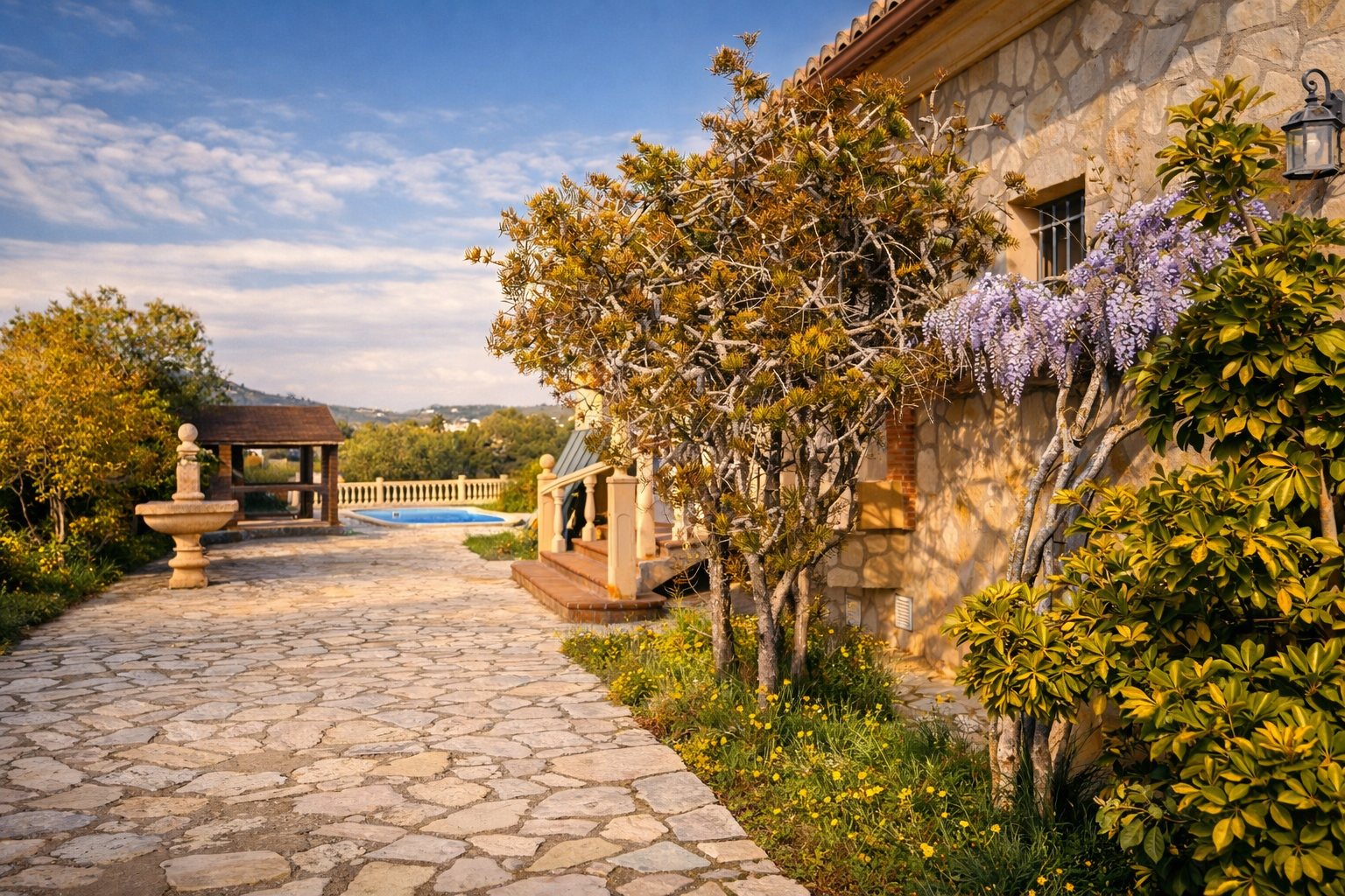 Fachada de piedra de la finca con enredadera de glicinia florecida. Un camino de losas conduce a la piscina y una pérgola de madera, con una fuente de piedra en el jardín. Fachada de piedra de la finca con enredadera de glicinia florecida. Un camino de losas conduce a la piscina y una pérgola de madera, con una fuente de piedra en el jardín.