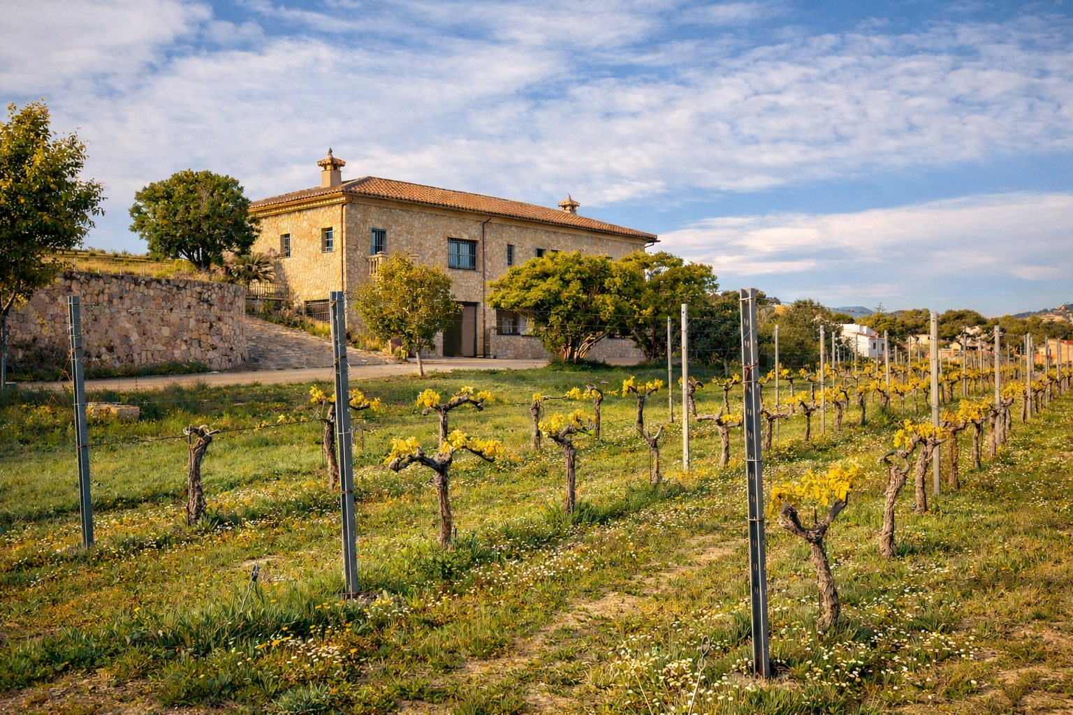 Finca rústica de piedra con tejado de teja, enmarcada por un viñedo con brotes amarillos y flores silvestres bajo un cielo azul. Finca rústica de piedra con tejado de teja, enmarcada por un viñedo con brotes amarillos y flores silvestres bajo un cielo azul.