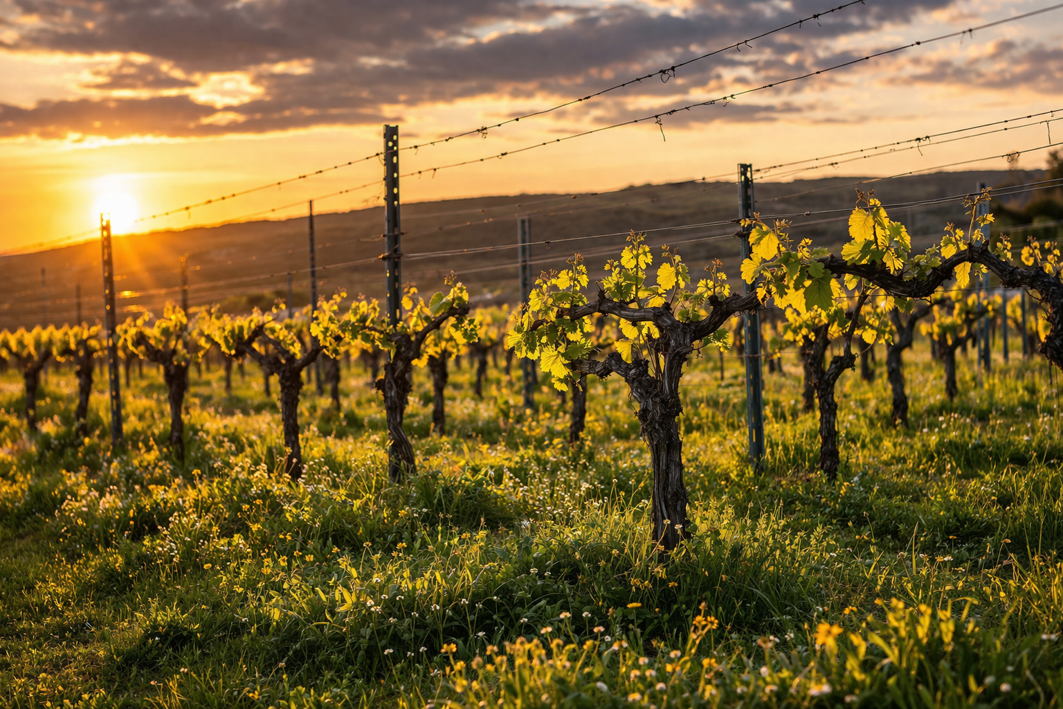 La luz dorada del atardecer ilumina los jóvenes brotes de las vides en el viñedo, con un tapiz de hierba y pequeñas flores silvestres. El sol poniente brilla en el horizonte. La luz dorada del atardecer ilumina los jóvenes brotes de las vides en el viñedo, con un tapiz de hierba y pequeñas flores silvestres. El sol poniente brilla en el horizonte.