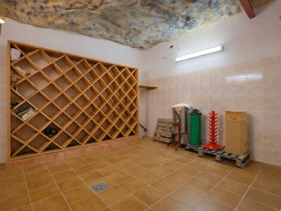 Amplia bodega con un gran botellero de madera en cuadrícula, paredes alicatadas y suelo cerámico. Destaca el techo con textura de cueva y la iluminación funcional.