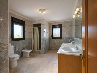Amplio baño con doble lavabo sobre encimera de mármol y mueble de madera. Cuenta con ducha, inodoro y bidé, paredes alicatadas en tonos grises y verdes, y dos ventanas que aportan luz natural.