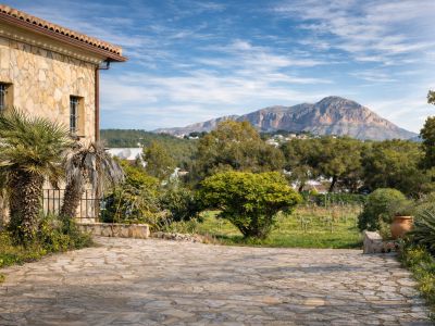 Fachada de piedra rústica de la finca con palmeras, camino de adoquines y vistas al Montgó, rodeada de viñedos y vegetación mediterránea.