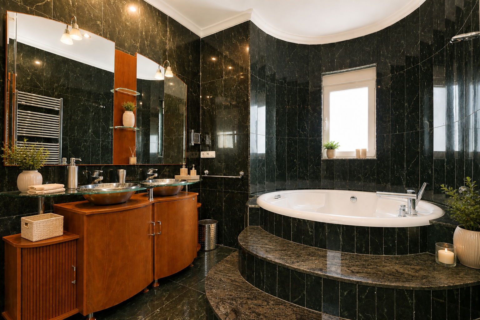 Baño elegante con azulejos de patrón mármol verde oscuro, bañera curva integrada sobre escalones de piedra y doble lavabo de cristal sobre mueble de madera.