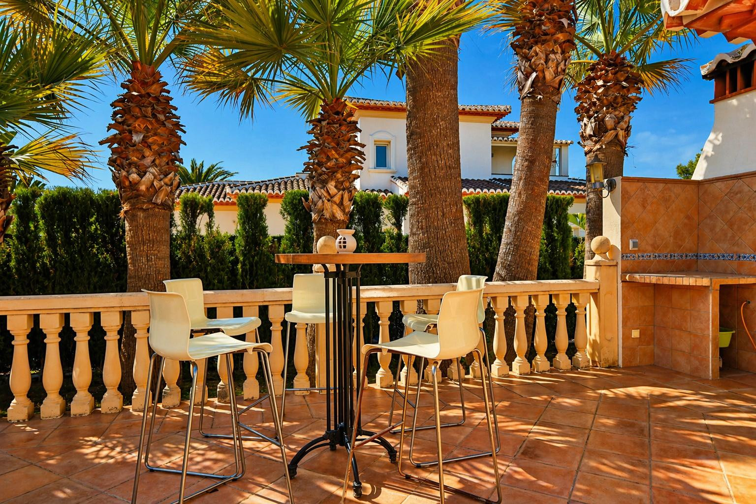 Terraza exterior con suelo de baldosas de terracota, balustrada clásica y un conjunto de mesa alta con taburetes. Incluye una zona de barbacoa integrada y palmeras que aportan sombra.
