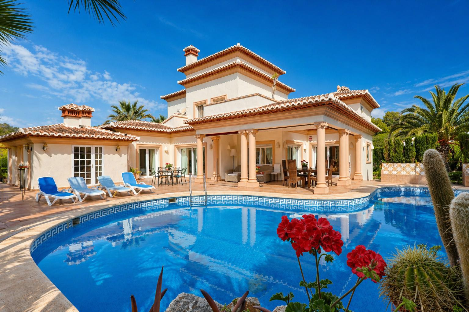 Vista exterior de la villa con piscina curva de mosaico azul y solárium. La terraza cubierta con columnas alberga zonas de estar y comedor al aire libre, conectando directamente con el jardín.