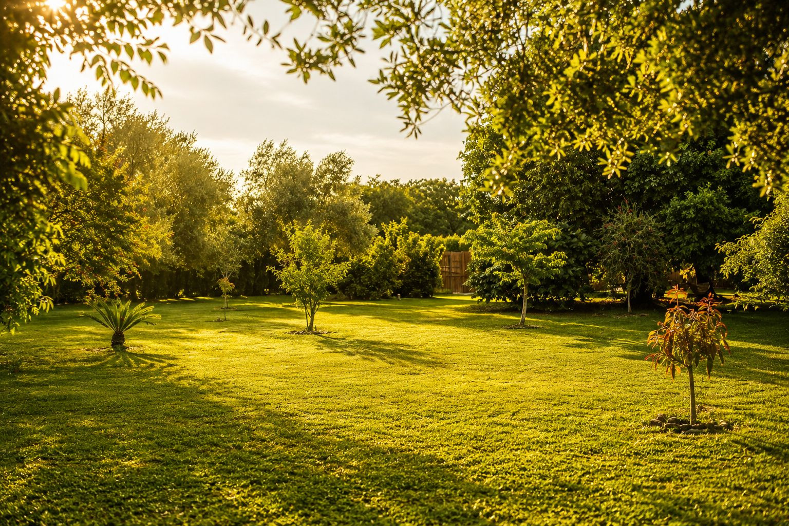 Amplio césped cuidado bajo la luz dorada del atardecer, con una variedad de árboles maduros y jóvenes. Largas sombras se proyectan sobre la hierba vibrante. Amplio césped cuidado bajo la luz dorada del atardecer, con una variedad de árboles maduros y jóvenes. Largas sombras se proyectan sobre la hierba vibrante.