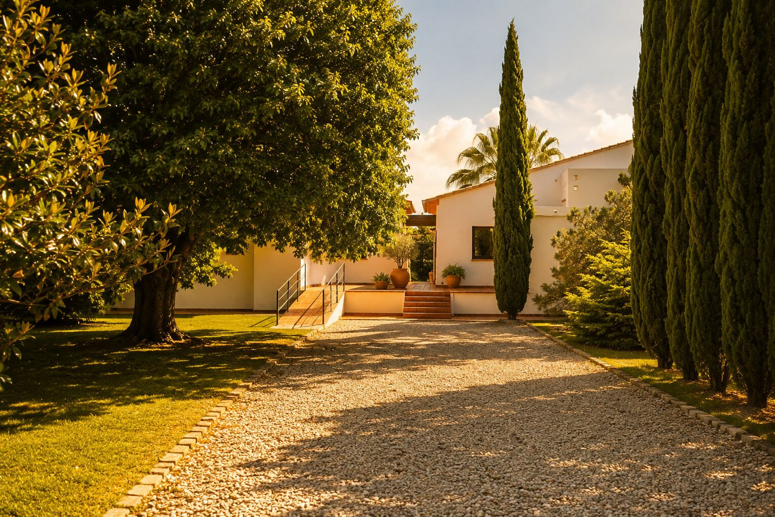 Entrada de gravilla que conduce a la casa principal de fachada blanca, flanqueada por un gran árbol frondoso y una hilera de esbeltos cipreses, con escaleras de terracota y rampa de acceso. Entrada de gravilla que conduce a la casa principal de fachada blanca, flanqueada por un gran árbol frondoso y una hilera de esbeltos cipreses, con escaleras de terracota y rampa de acceso.