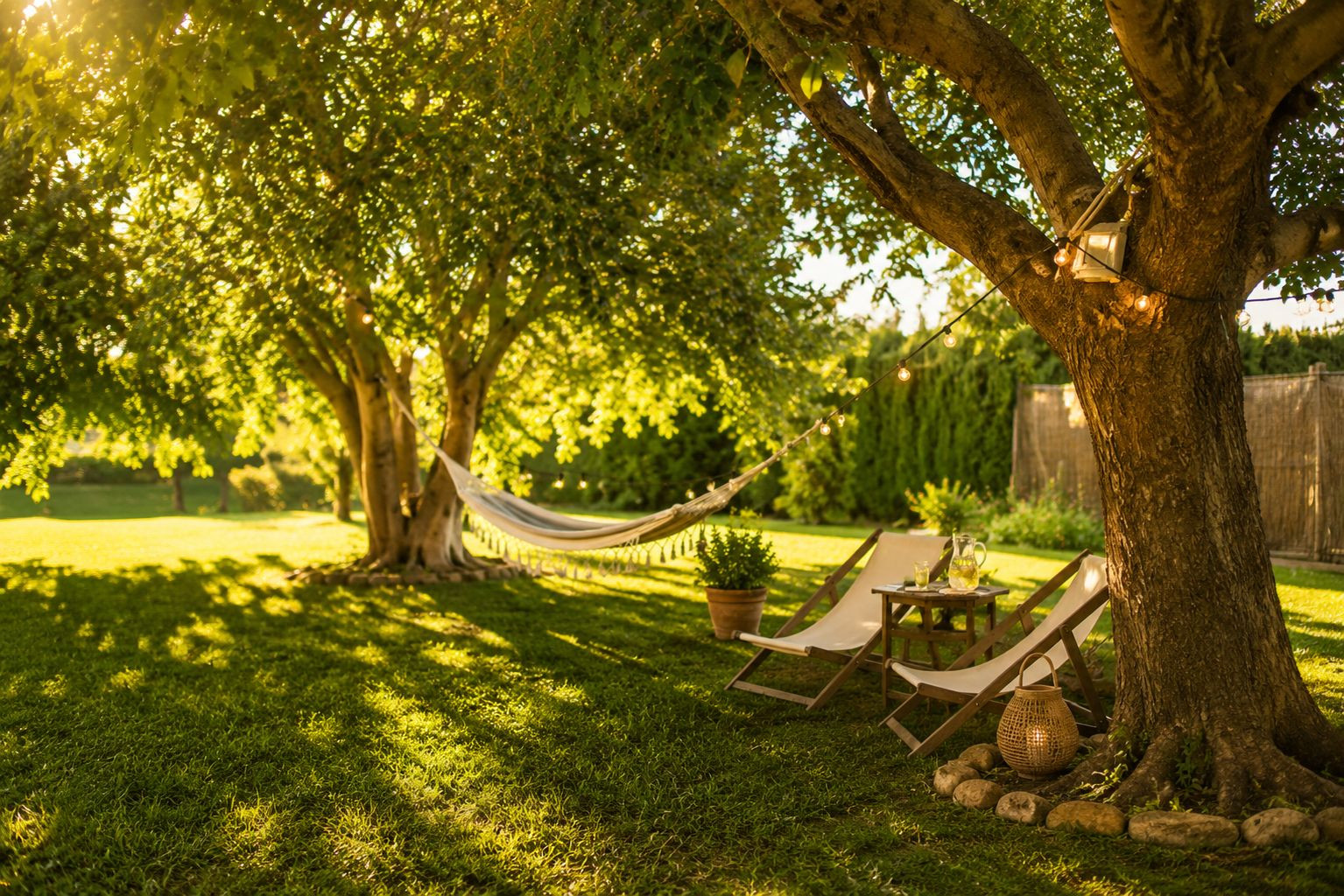 Jardín sereno con césped, grandes árboles y luz natural. Hamaca, tumbonas y mesa auxiliar invitan al descanso, complementados por luces de guirnalda y detalles rústicos. Jardín sereno con césped, grandes árboles y luz natural. Hamaca, tumbonas y mesa auxiliar invitan al descanso, complementados por luces de guirnalda y detalles rústicos.