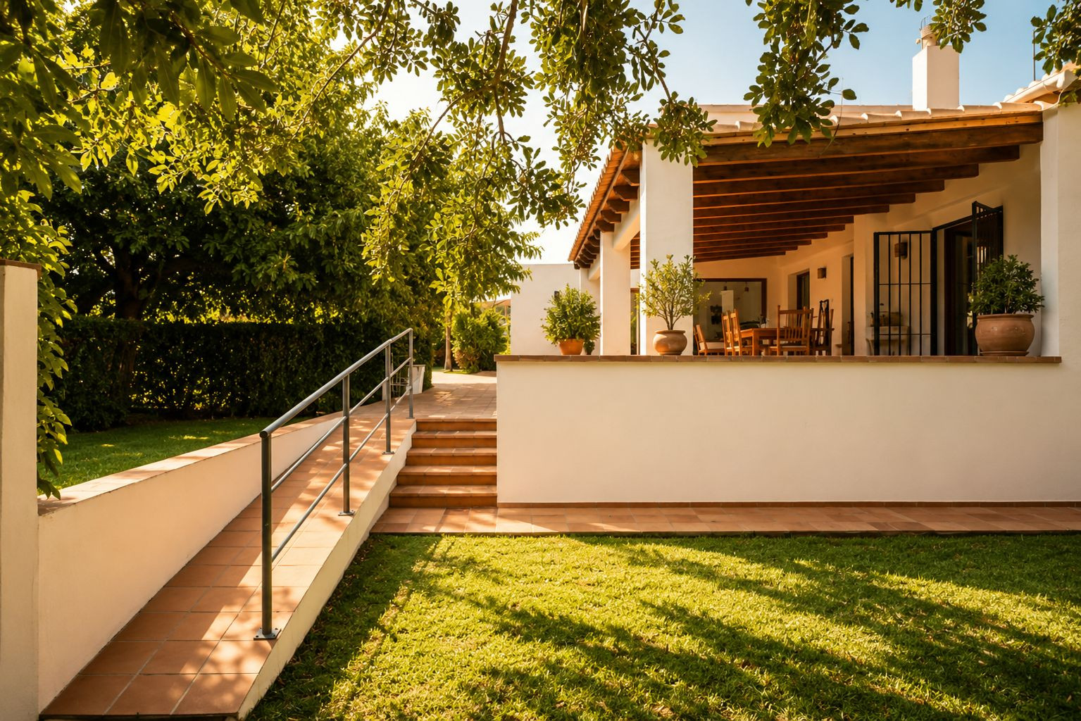 Naya cubierta con vigas de madera a la vista y comedor exterior, con vistas a un césped cuidado y jardín mediterráneo, accesible por rampa y escaleras de barro. Naya cubierta con vigas de madera a la vista y comedor exterior, con vistas a un césped cuidado y jardín mediterráneo, accesible por rampa y escaleras de barro.