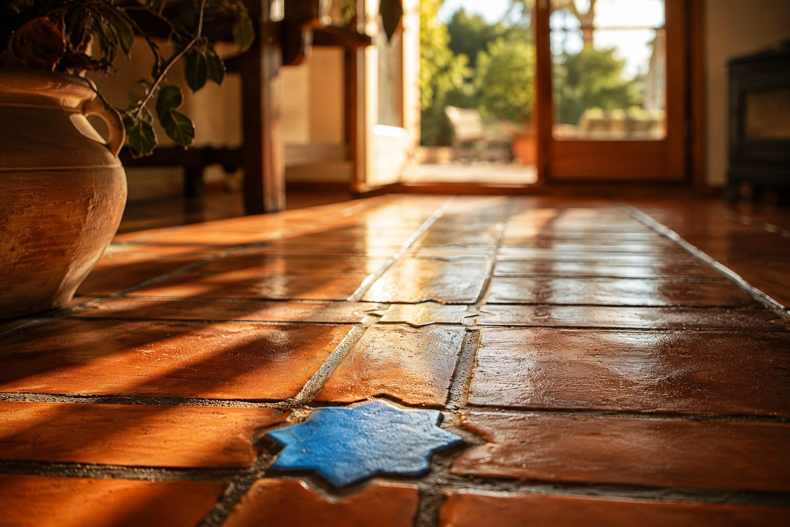 Suelos de barro artesanal con detalle de azulejo azul en forma de estrella, bañados por la luz natural que entra desde el jardín. Suelos de barro artesanal con detalle de azulejo azul en forma de estrella, bañados por la luz natural que entra desde el jardín.