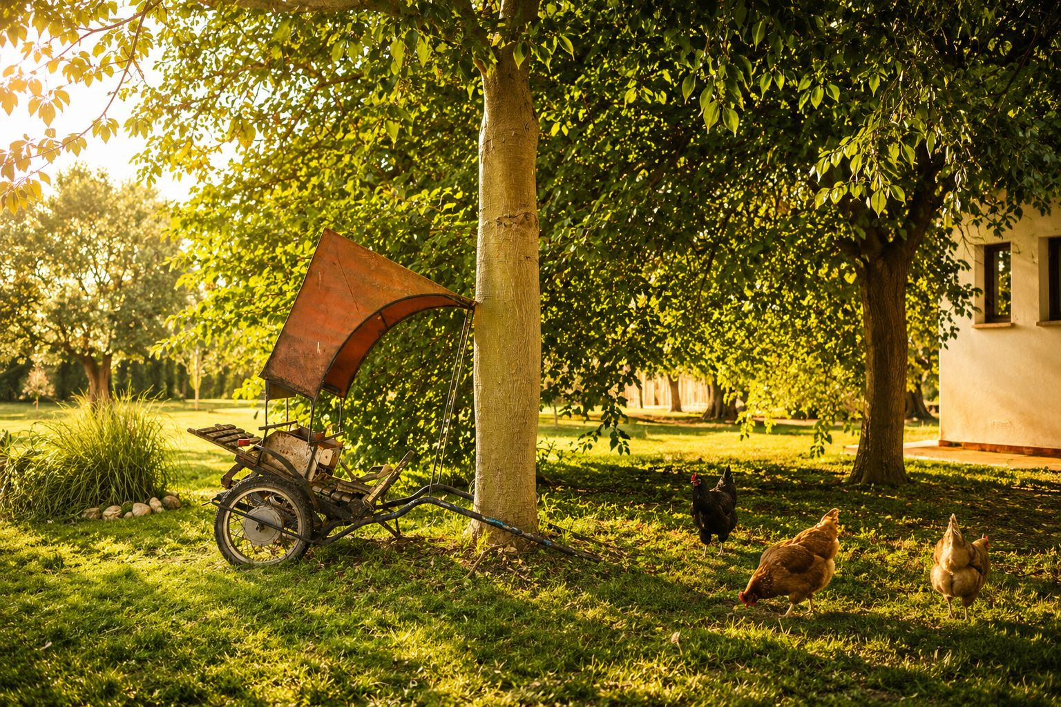 Un carro rústico de dos ruedas con toldo naranja descansa bajo un árbol, mientras tres gallinas pastan en un césped bañado por el sol, con un edificio al fondo. Un carro rústico de dos ruedas con toldo naranja descansa bajo un árbol, mientras tres gallinas pastan en un césped bañado por el sol, con un edificio al fondo.