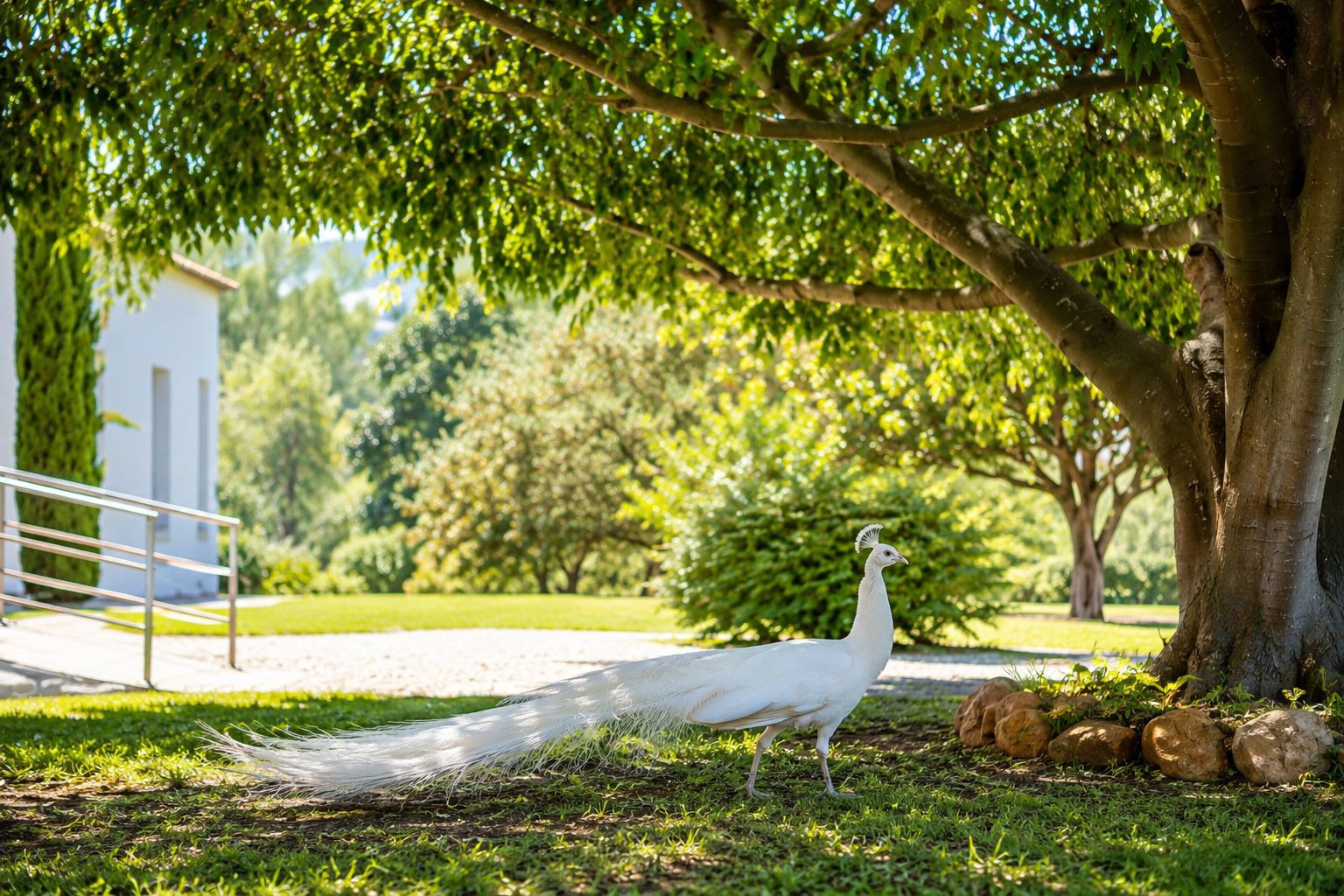 Un pavo real blanco pasea por un césped soleado bajo la sombra de un gran árbol, con un edificio blanco moderno y barandilla en el fondo. Un pavo real blanco pasea por un césped soleado bajo la sombra de un gran árbol, con un edificio blanco moderno y barandilla en el fondo.