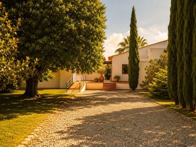 Entrada de gravilla que conduce a la casa principal de fachada blanca, flanqueada por un gran árbol frondoso y una hilera de esbeltos cipreses, con escaleras de terracota y rampa de acceso.