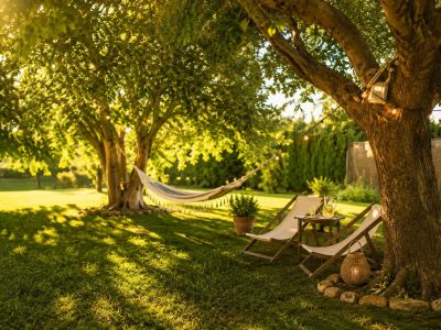 Jardín sereno con césped, grandes árboles y luz natural. Hamaca, tumbonas y mesa auxiliar invitan al descanso, complementados por luces de guirnalda y detalles rústicos.