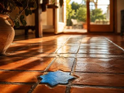 Suelos de barro artesanal con detalle de azulejo azul en forma de estrella, bañados por la luz natural que entra desde el jardín.