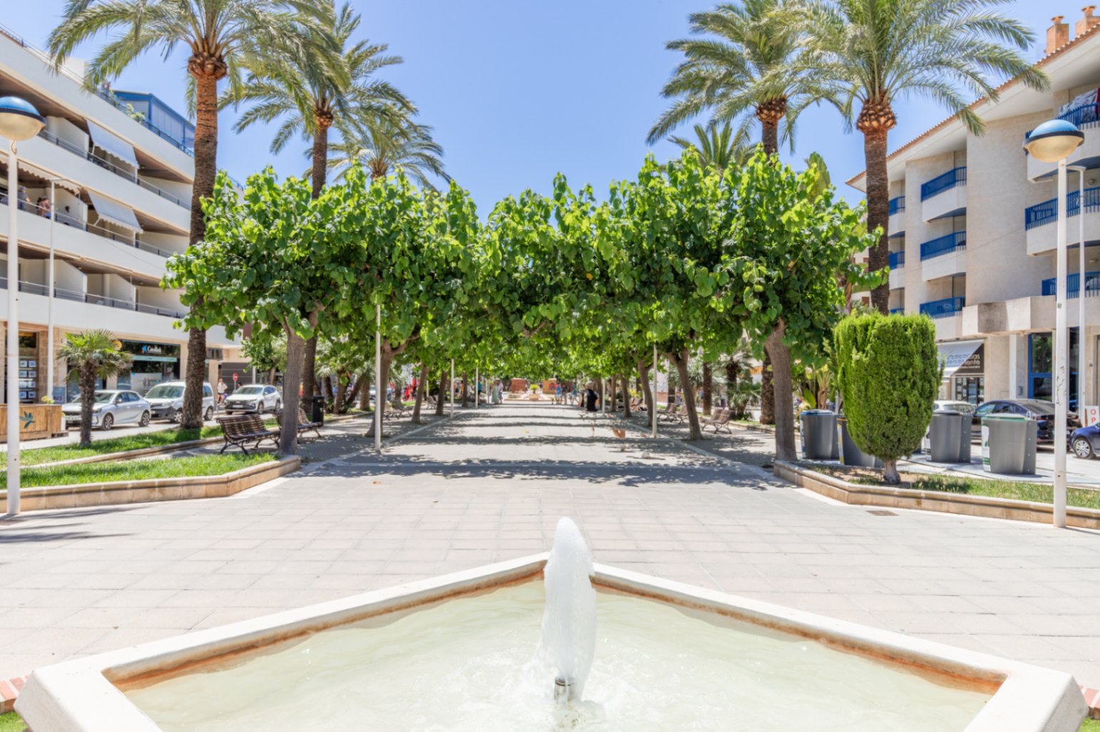 Amplio paseo peatonal en Moraira con una fuente cuadrada en primer plano, sombreado por un dosel de árboles verdes y altas palmeras, flanqueado por edificios de varias plantas. Amplio paseo peatonal en Moraira con una fuente cuadrada en primer plano, sombreado por un dosel de árboles verdes y altas palmeras, flanqueado por edificios de varias plantas.