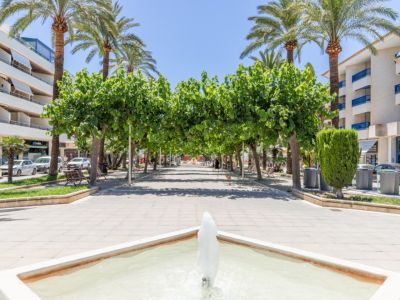 Amplio paseo peatonal en Moraira con una fuente cuadrada en primer plano, sombreado por un dosel de árboles verdes y altas palmeras, flanqueado por edificios de varias plantas.